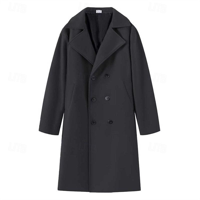 Men's black double-breasted long overcoat, front view