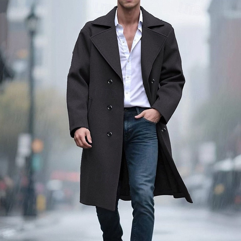 Men's black double-breasted long overcoat, front view