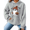 Women's gray graphic hooded sweatshirt with pumpkin and ghost print