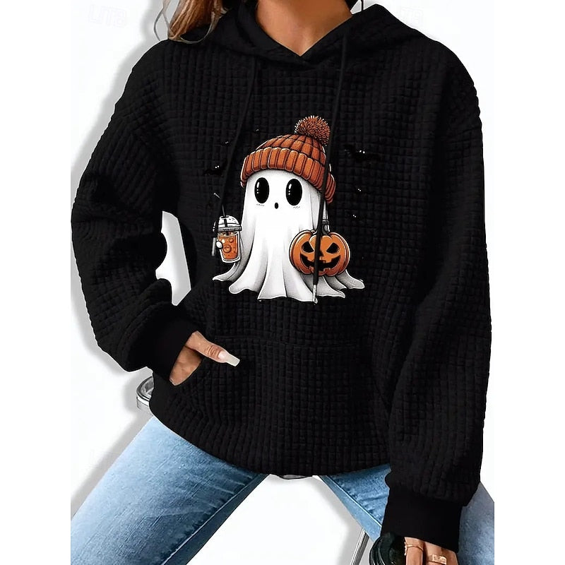 Women's black graphic hooded sweatshirt with pumpkin and ghost print