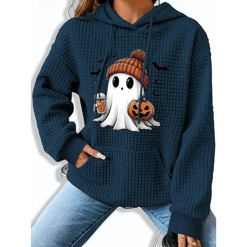 Women's blue graphic hooded sweatshirt with pumpkin and ghost print