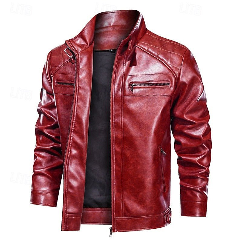 Men's classic biker jacket with a stand-up collar and zip pockets