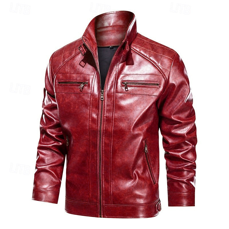Men's classic biker jacket with a stand-up collar and zip pockets