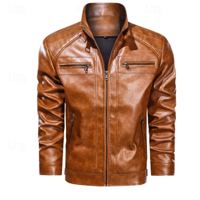 Men's classic biker jacket with a stand-up collar and zip pockets