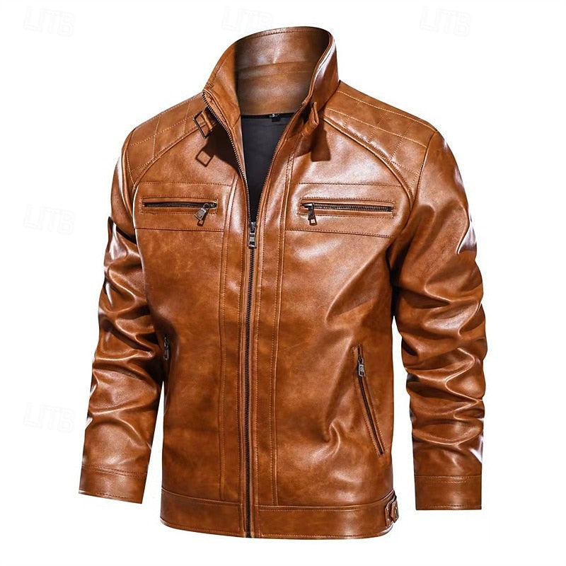 Men's classic biker jacket with a stand-up collar and zip pockets