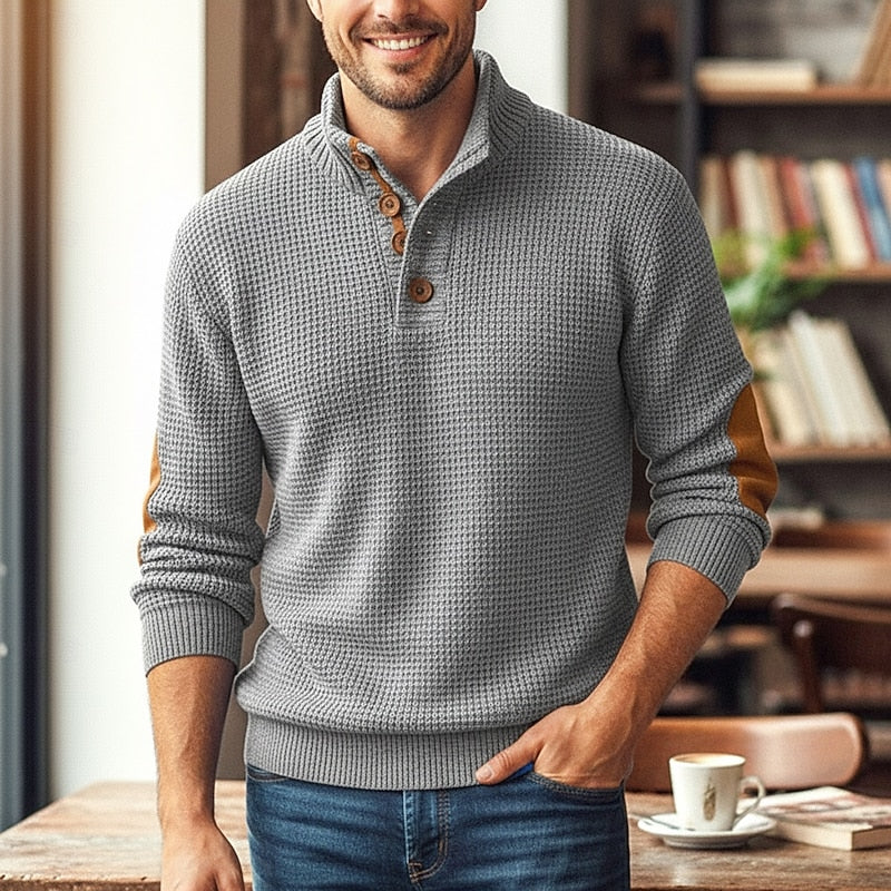 Men's gray waffle knit stand collar sweater with elbow patches