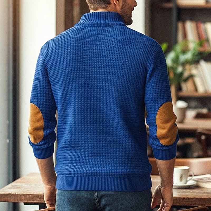 Men's royal blue waffle knit stand collar sweater with elbow patches
