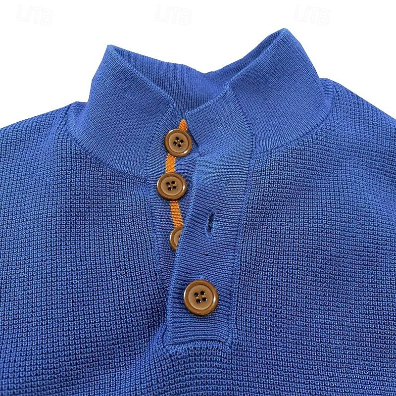 Men's royal blue waffle knit stand collar sweater with elbow patches