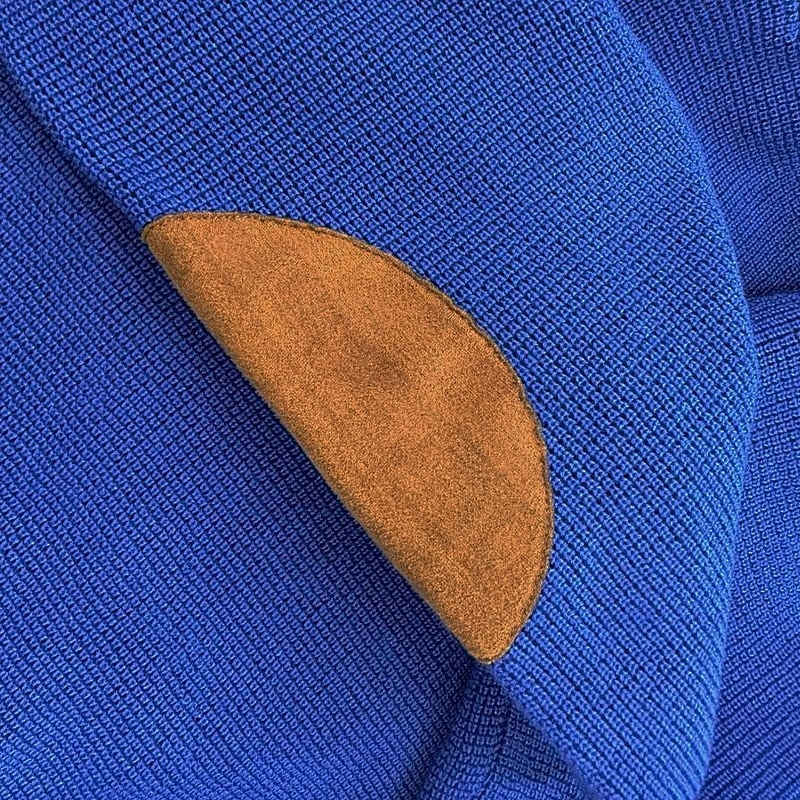 Men's royal blue waffle knit stand collar sweater with elbow patches
