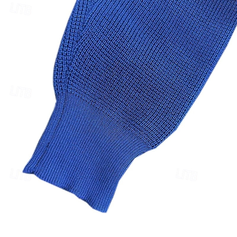 Men's royal blue waffle knit stand collar sweater with elbow patches