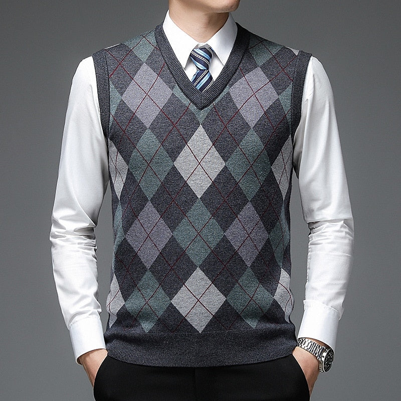 Men's dark grey argyle v-neck sweater vest with ribbed trim