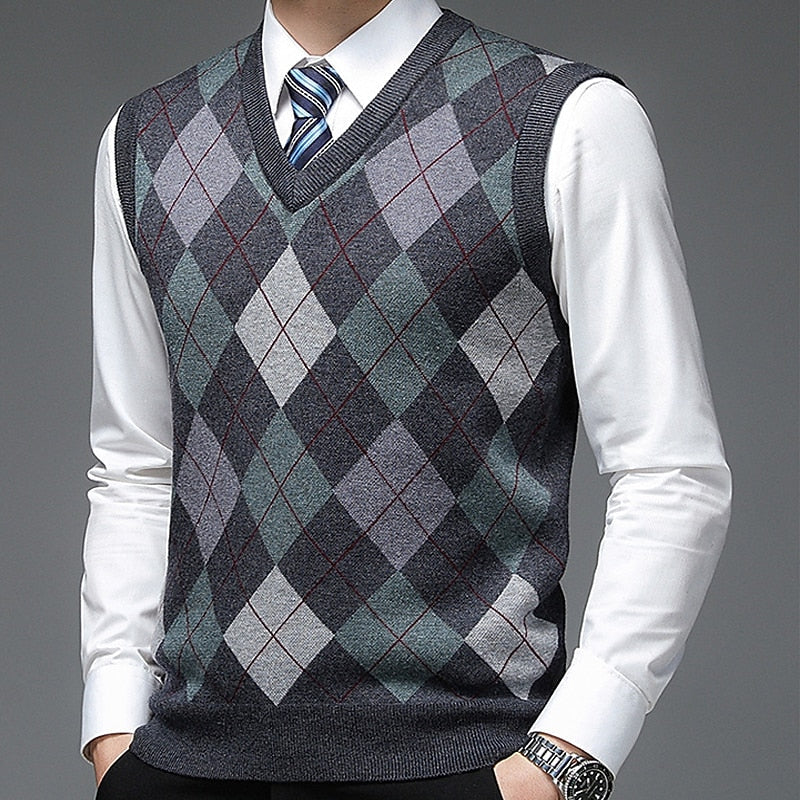 Men's dark grey argyle v-neck sweater vest with ribbed trim