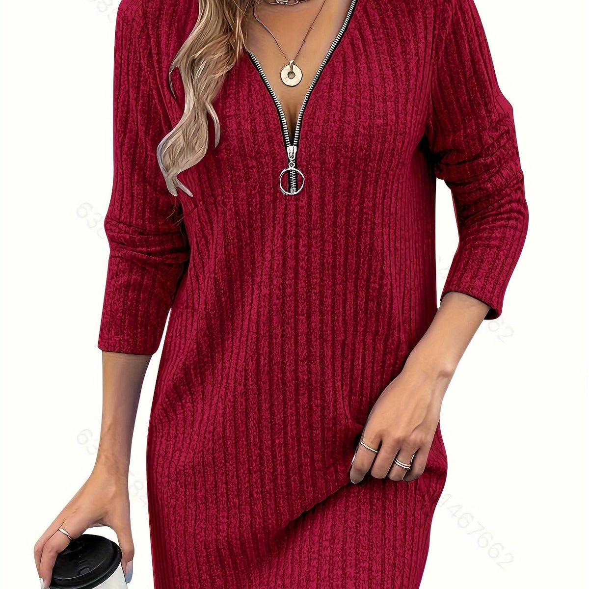 Women's burgundy zip-neck ribbed dress with a fitted silhouette