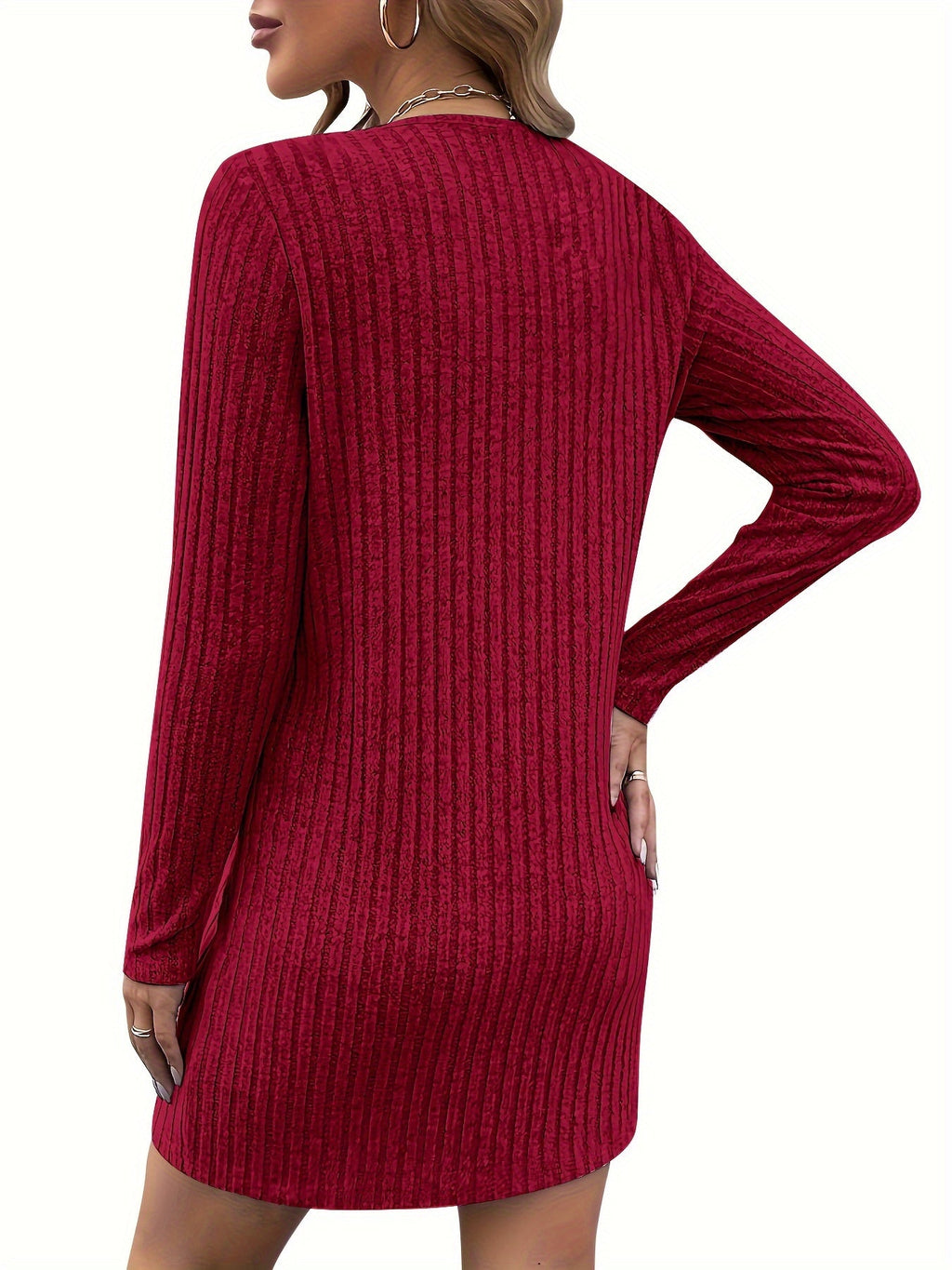 Women's burgundy zip-neck ribbed dress with a fitted silhouette