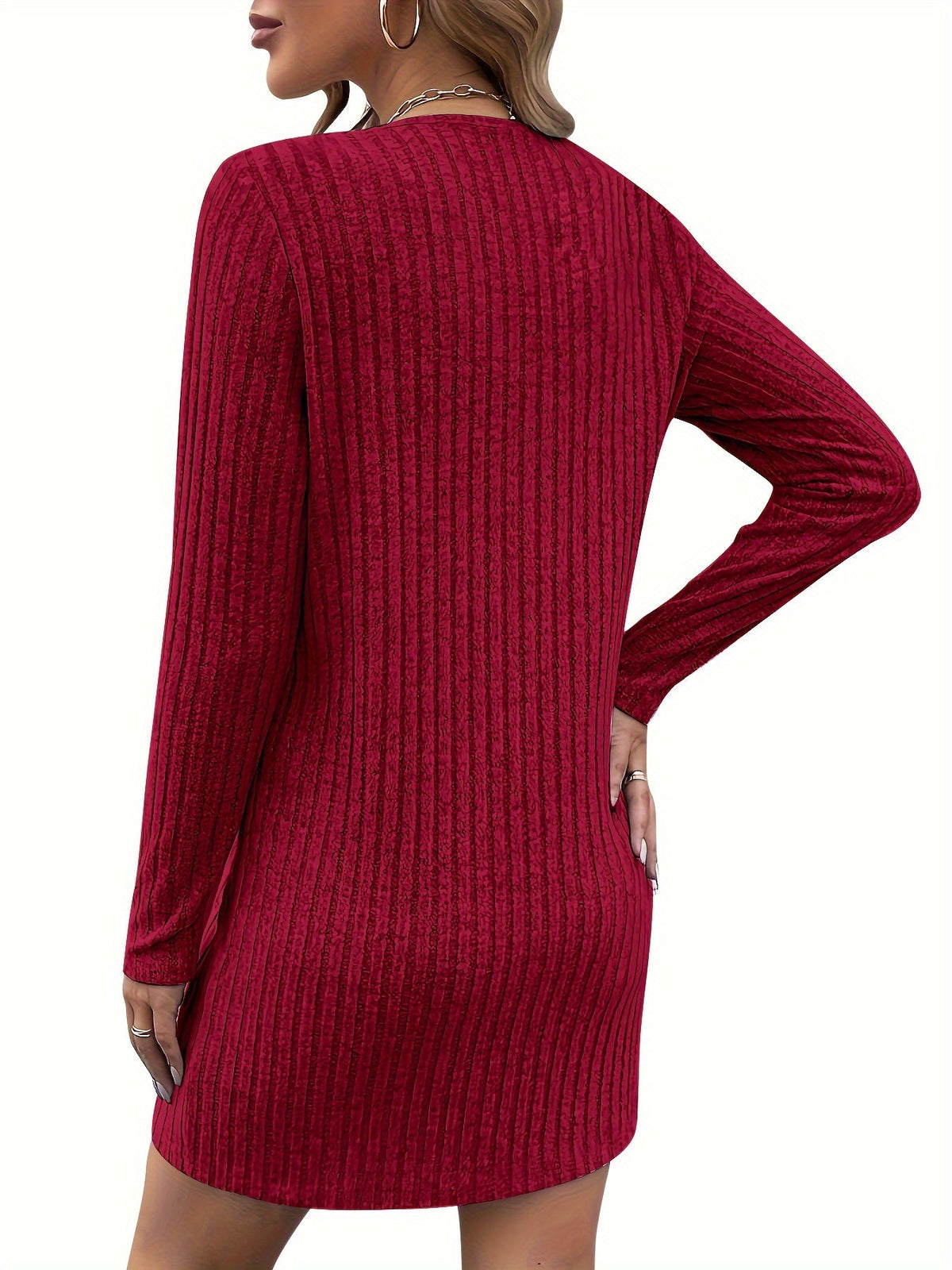 Women's burgundy zip-neck ribbed dress with a fitted silhouette