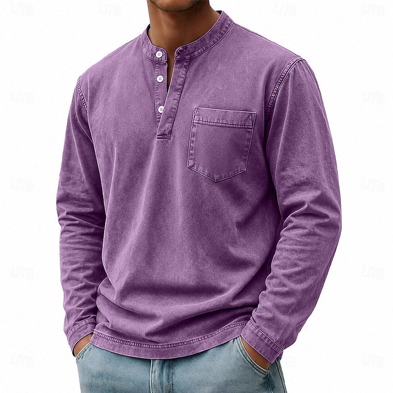 Men's long sleeve henley shirt with a buttoned placket and vintage wash