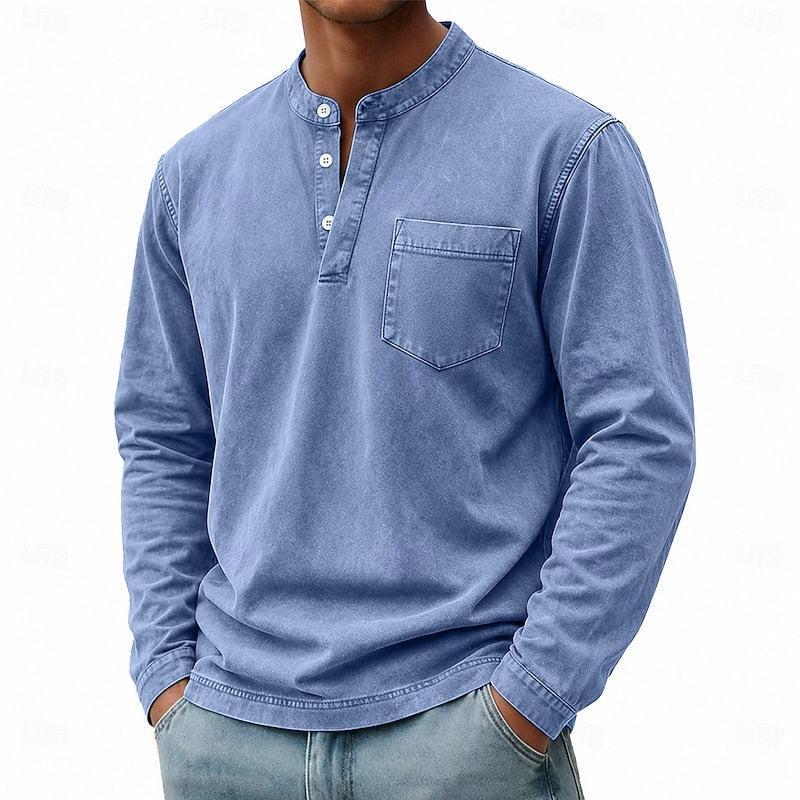 Men's long sleeve henley shirt with a buttoned placket and vintage wash