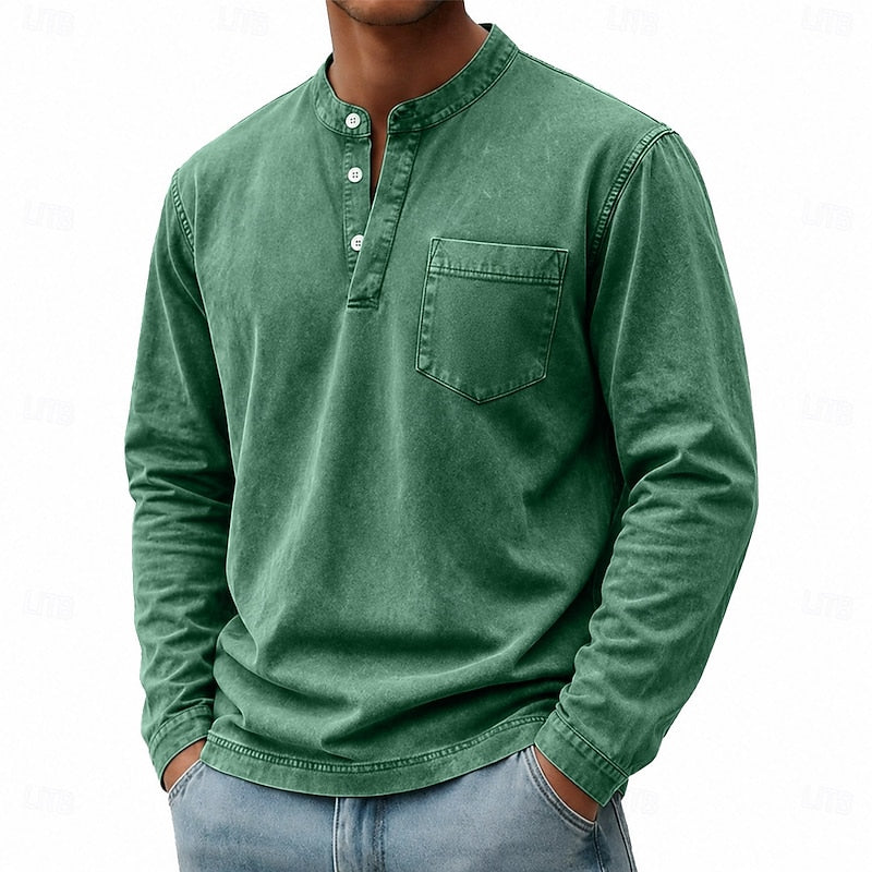 Men's long sleeve henley shirt with a buttoned placket and vintage wash