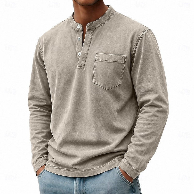 Men's long sleeve henley shirt with a buttoned placket and vintage wash