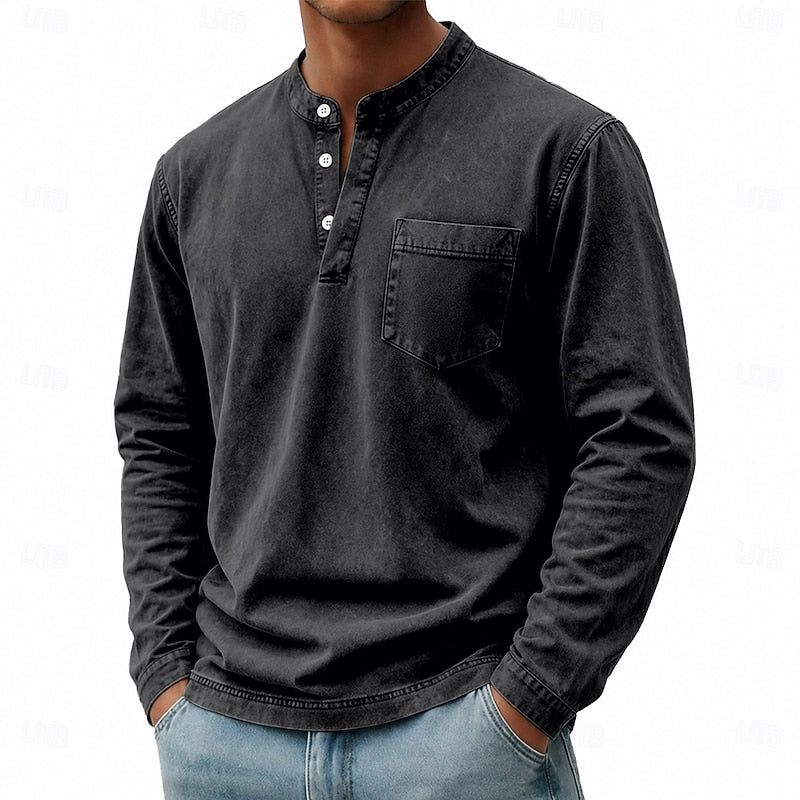Men's long sleeve henley shirt with a buttoned placket and vintage wash
