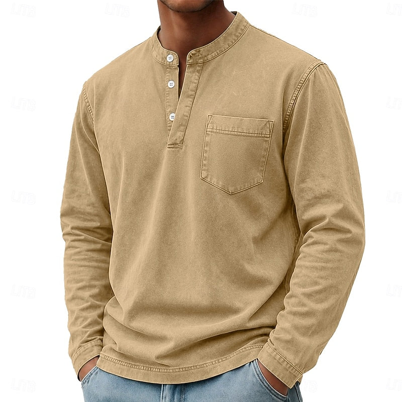 Men's long sleeve henley shirt with a buttoned placket and vintage wash