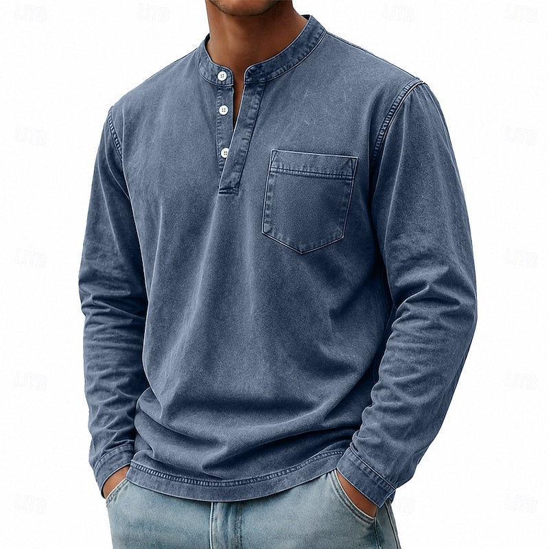 Men's long sleeve henley shirt with a buttoned placket and vintage wash