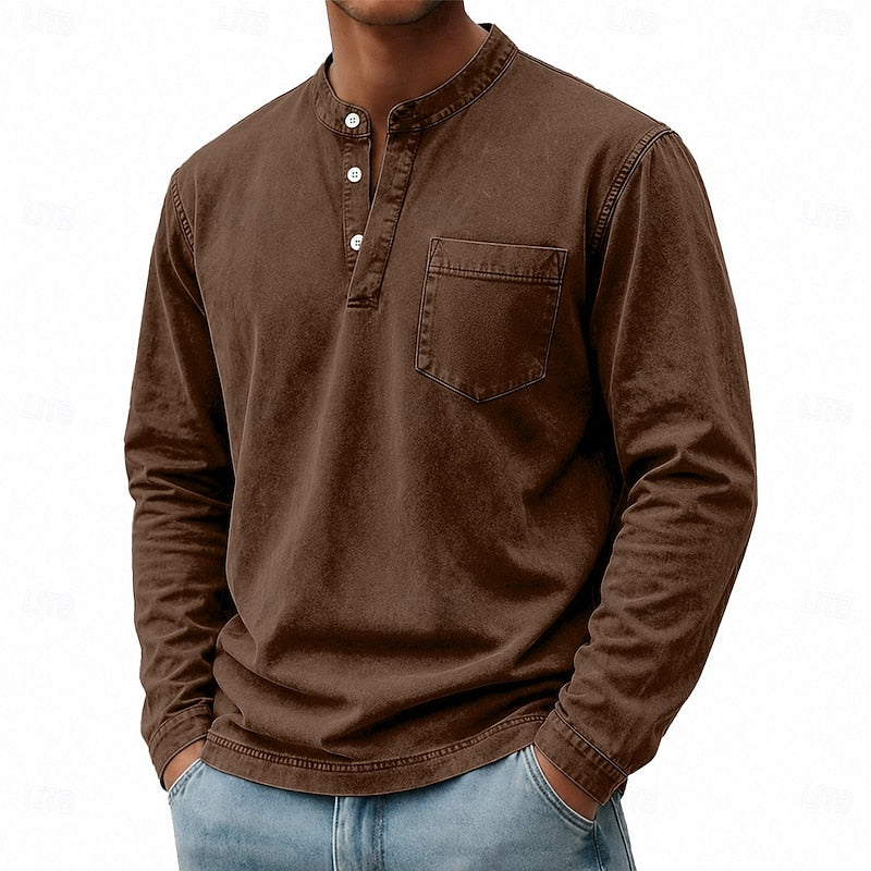 Men's long sleeve henley shirt with a buttoned placket and vintage wash