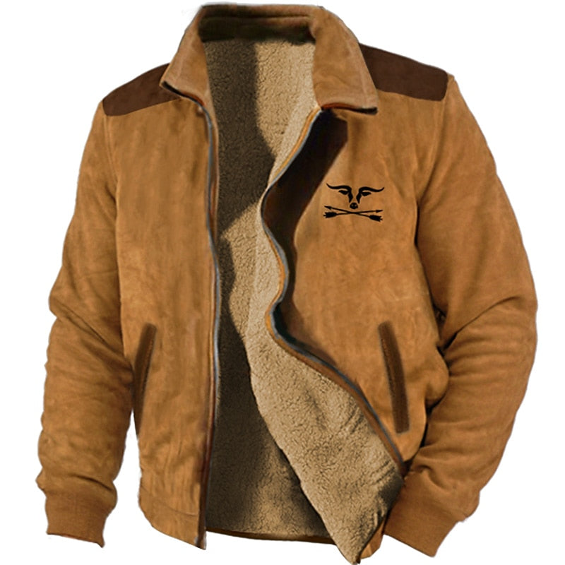 Men's brown faux suede fleece-lined trucker jacket with contrast yoke