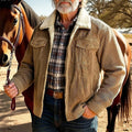 Men's khaki corduroy barn jacket with sherpa collar and chest pockets