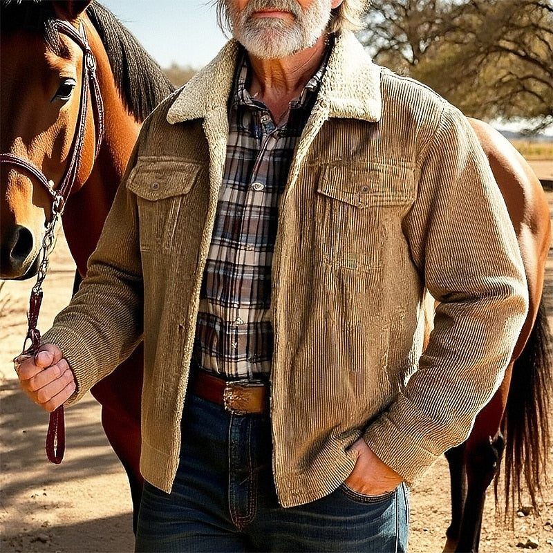 Men's khaki corduroy barn jacket with sherpa collar and chest pockets