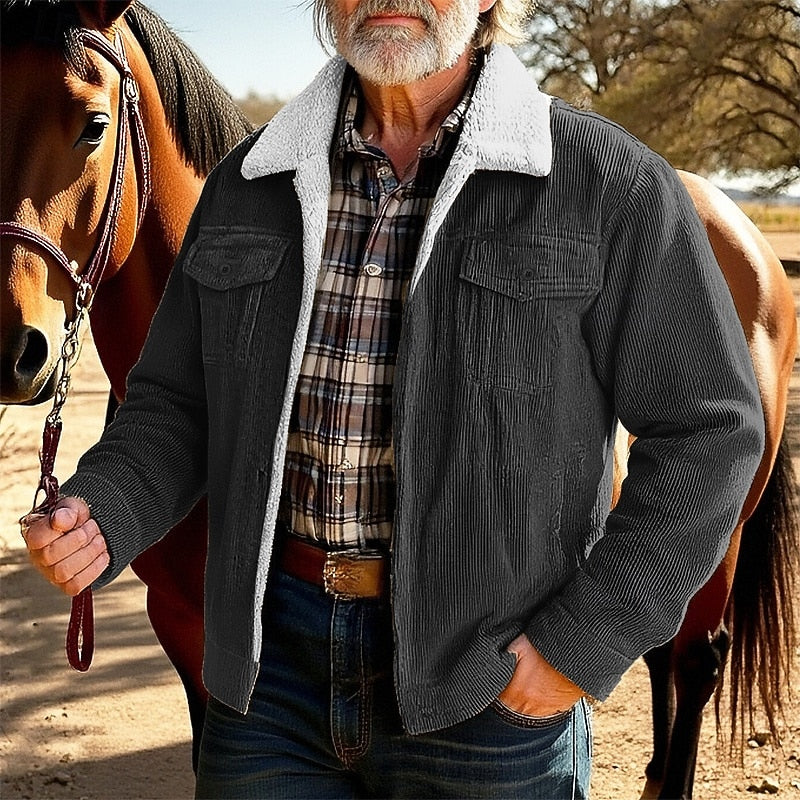Men's gray corduroy barn jacket with sherpa collar and chest pockets