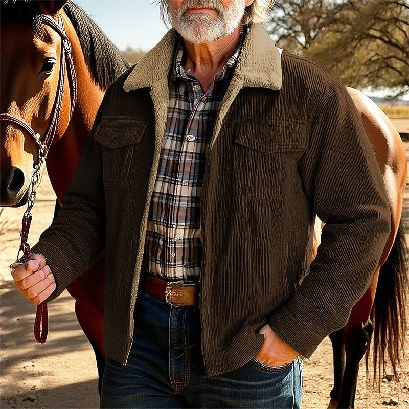 Men's coffee brown corduroy barn jacket with sherpa collar and chest pockets