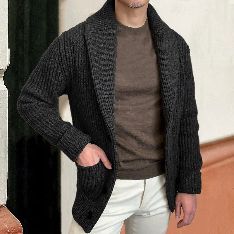 Men's ribbed shawl collar cardigan with practical front pockets