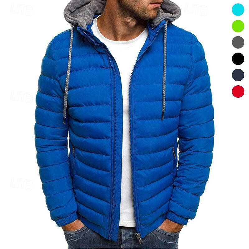 Men's quilted puffer jacket with a removable hood for winter