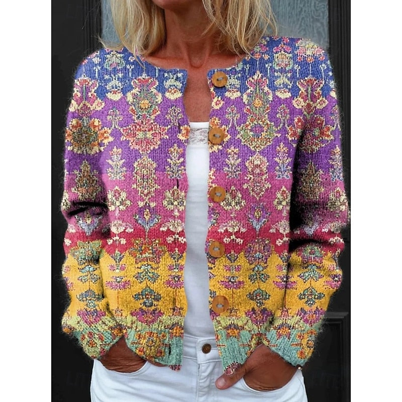 Women's multicolor floral print button-front knit cardigan, front view