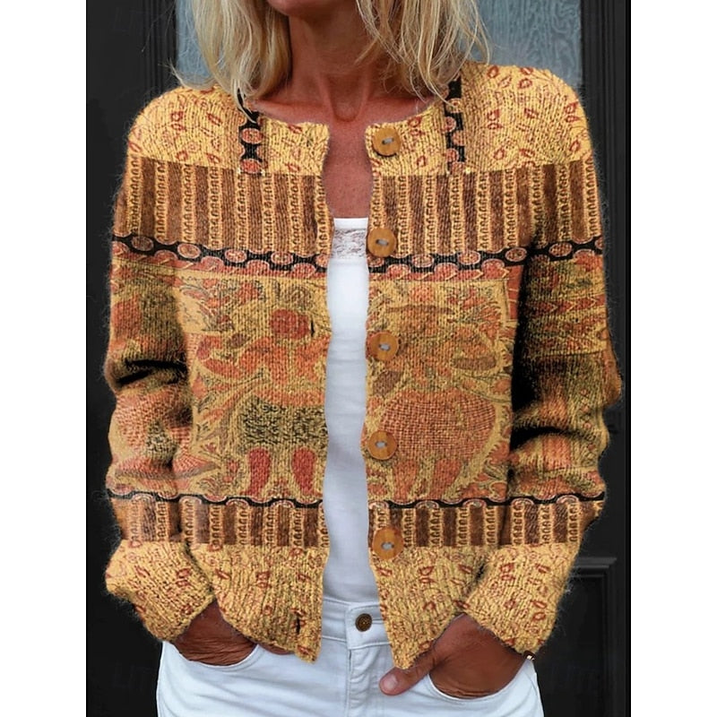 Women's floral print knit cardigan with a round neckline and buttons