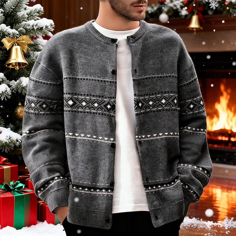 Men's geometric patterned button-front cardigan for winter layering