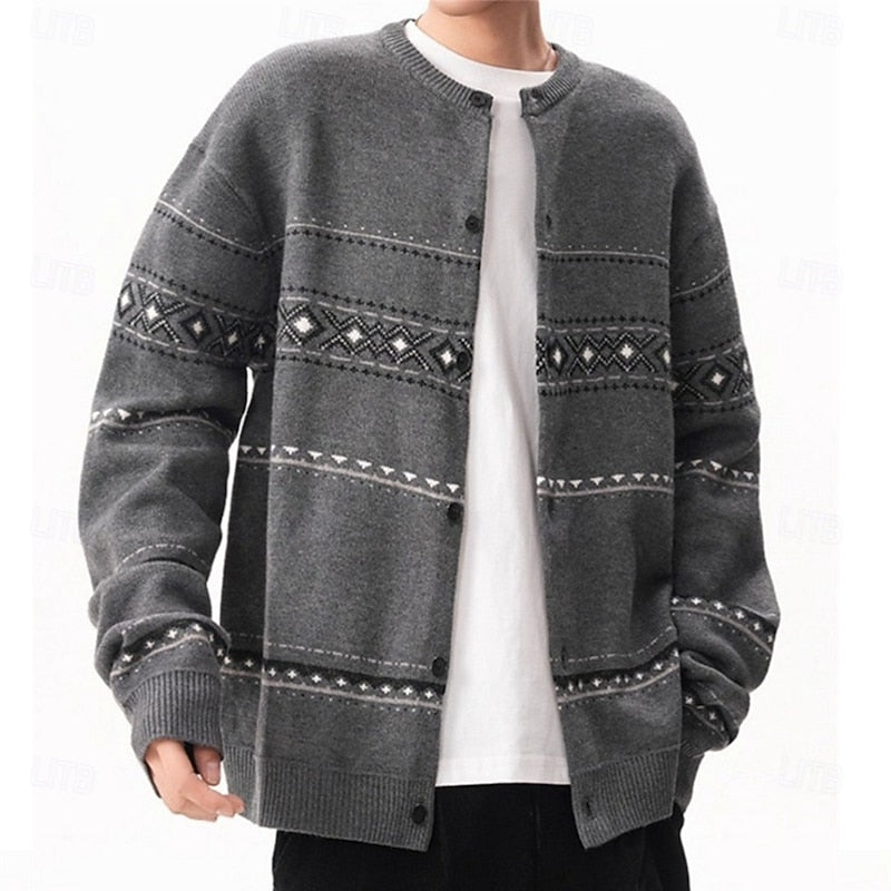 Men's geometric patterned button-front cardigan for winter layering