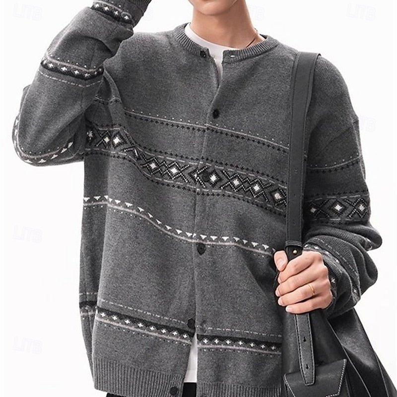 Men's geometric patterned button-front cardigan for winter layering