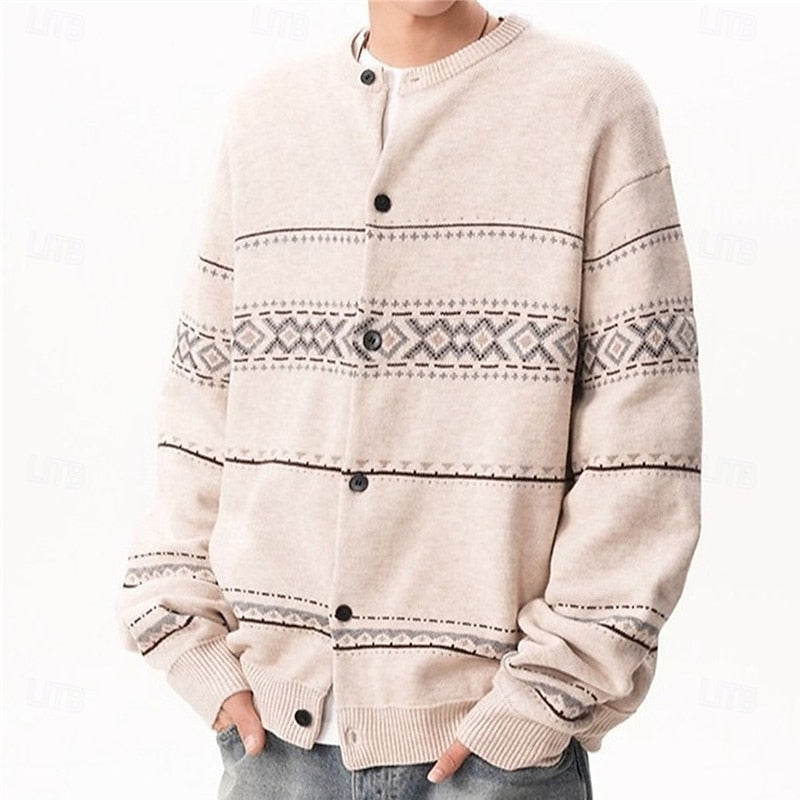 Men's geometric patterned button-front cardigan for winter layering