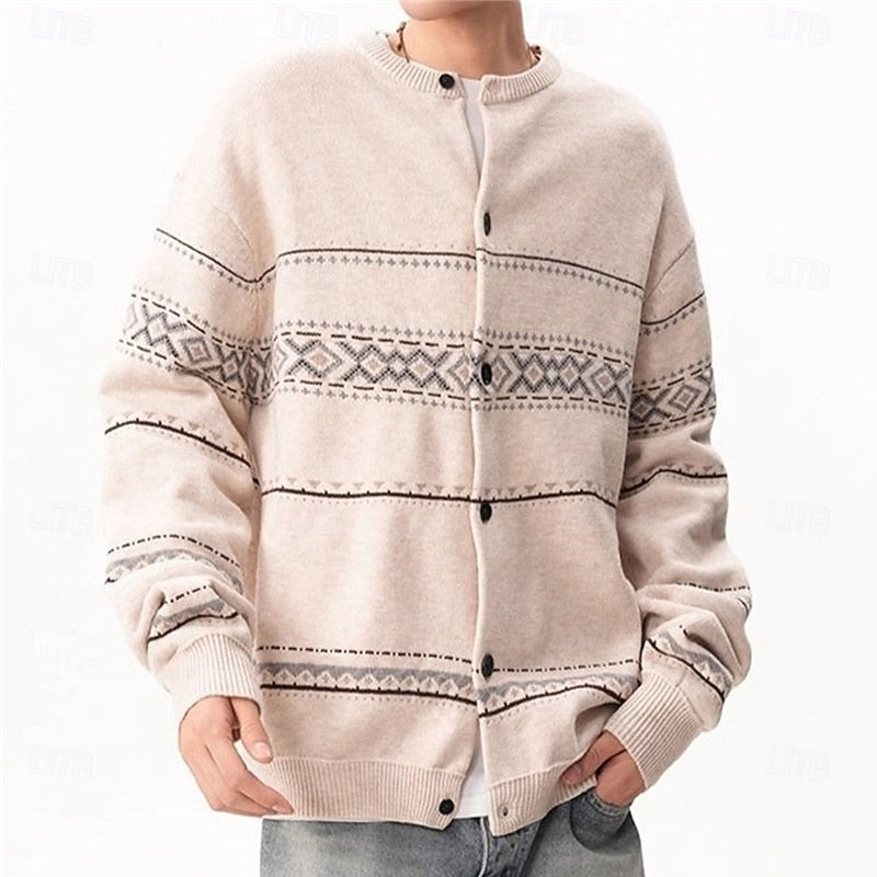 Men's geometric patterned button-front cardigan for winter layering