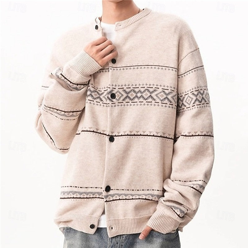 Men's geometric patterned button-front cardigan for winter layering