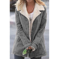 Women's gray sherpa-lined coat with turndown collar and button front