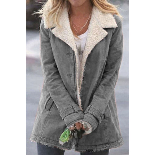 Women's gray sherpa-lined coat with turndown collar and button front