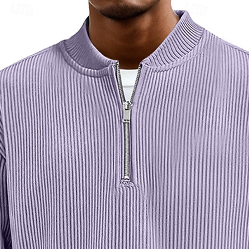 Men's ribbed quarter-zip pullover with a standing collar for winter