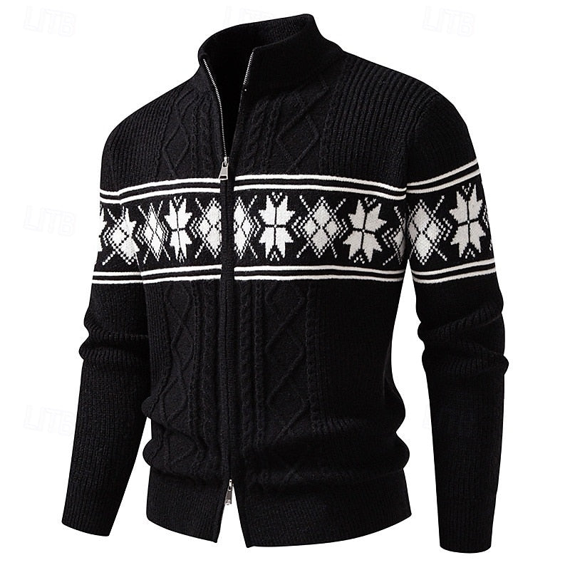 Men's black Fair Isle zip-up cardigan with stand collar
