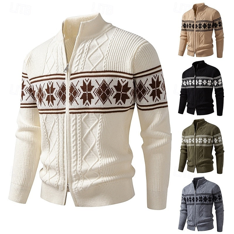 Men's white Fair Isle zip-up cardigan with stand collar