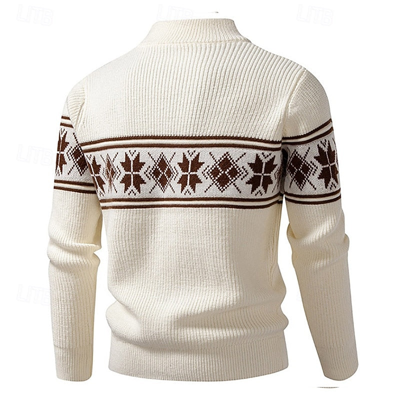 Men's khaki Fair Isle zip-up cardigan with stand collar