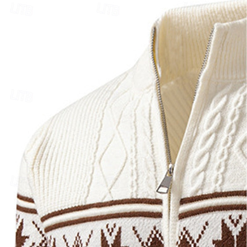 Men's khaki Fair Isle zip-up cardigan with stand collar