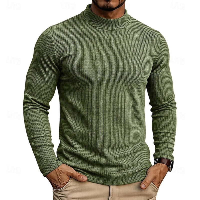 Men's military green ribbed mock neck top with long sleeves